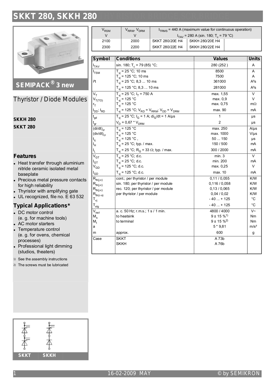 Datasheet SKKT 280, SKKH 280 DataSheet (Semikron) - ManualMachine.com