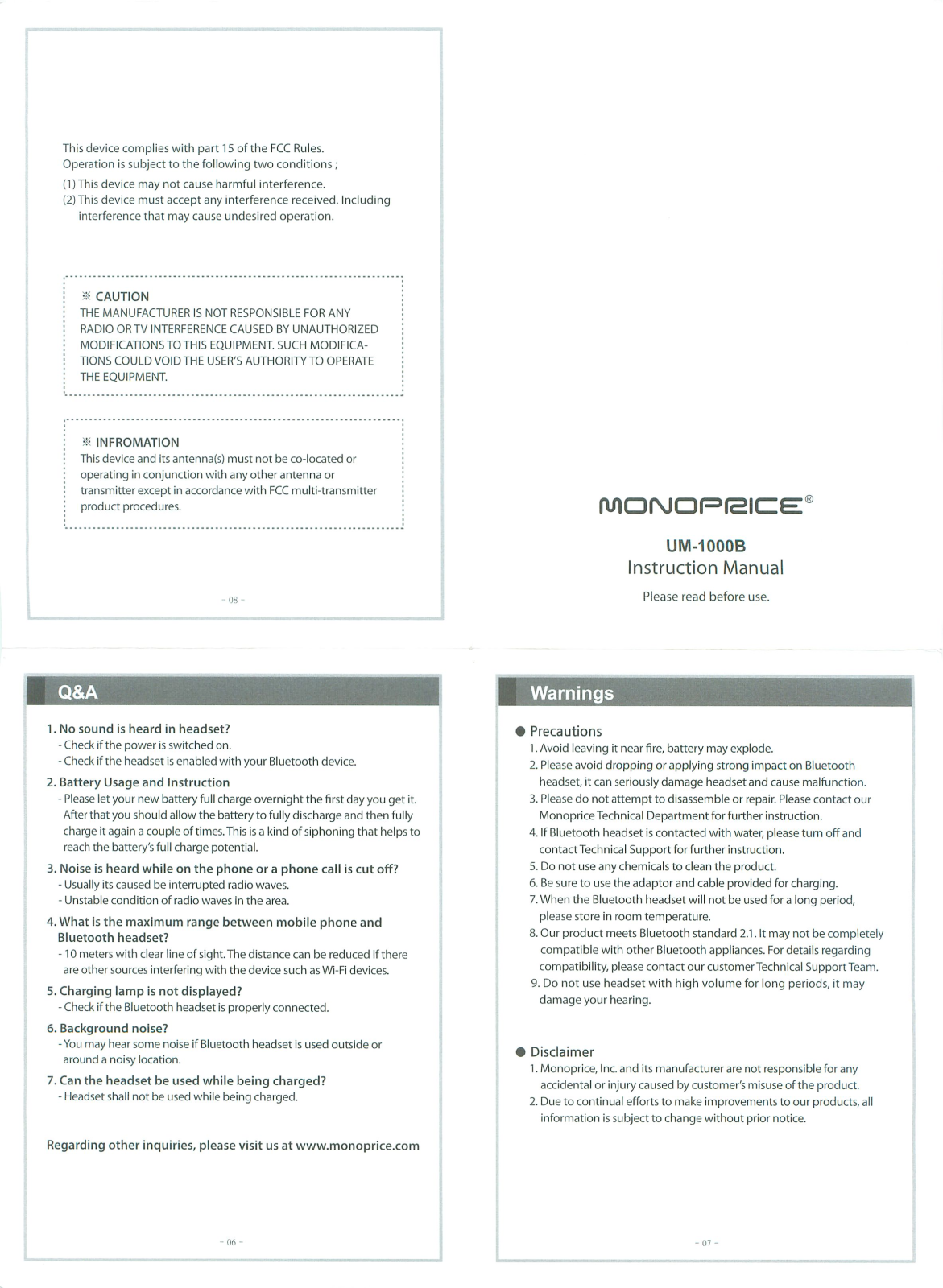 Monoprice UM-1000B Instruction Manual