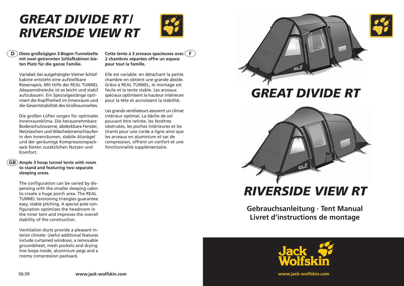 Jack Wolfskin Riverside View RT, Great Divide RT User Manual