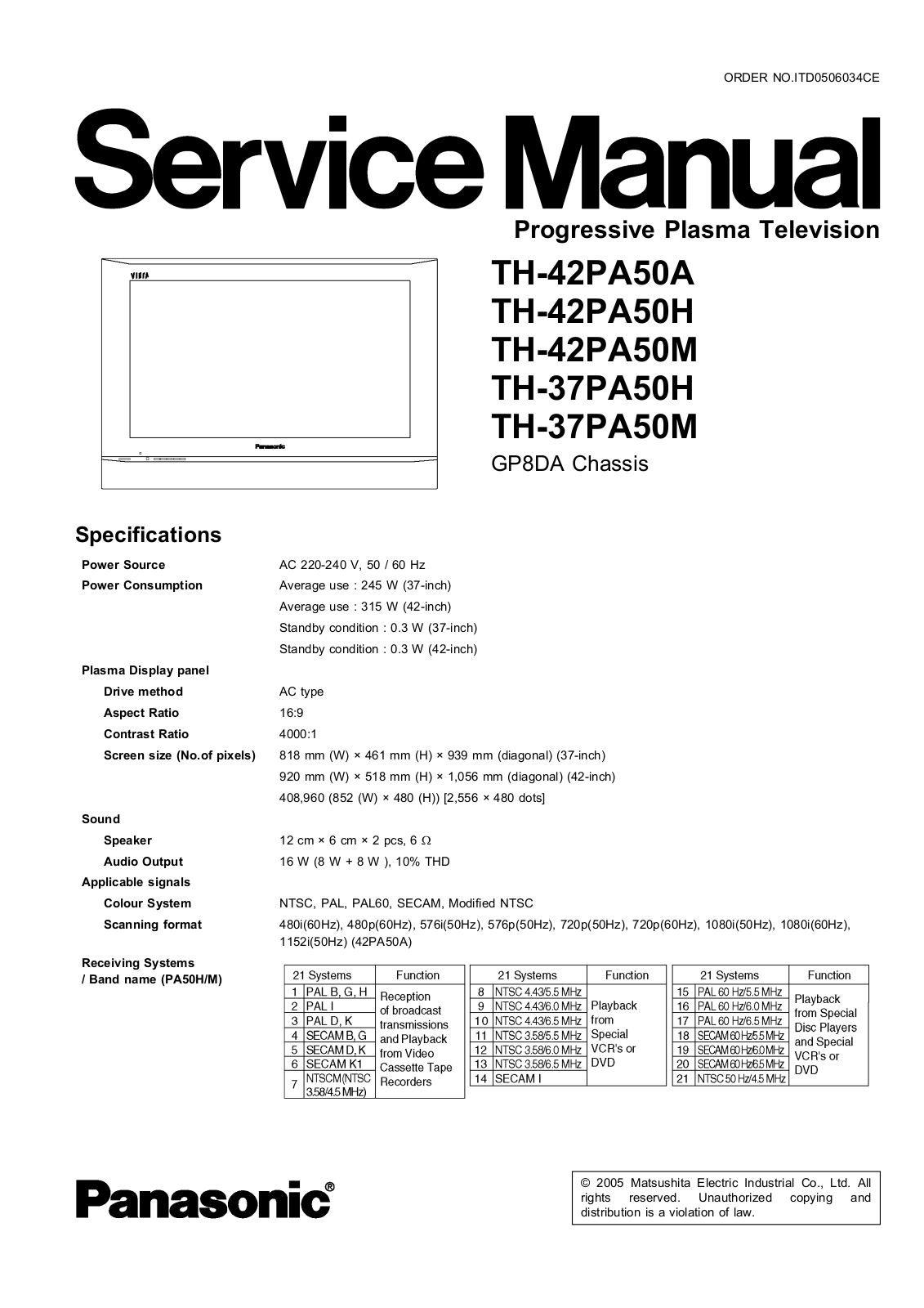 Panasonic GP8DA, TH-42PA50A, TH-42PA50H, TH-42PA50M, TH-37PA50H Service Manual