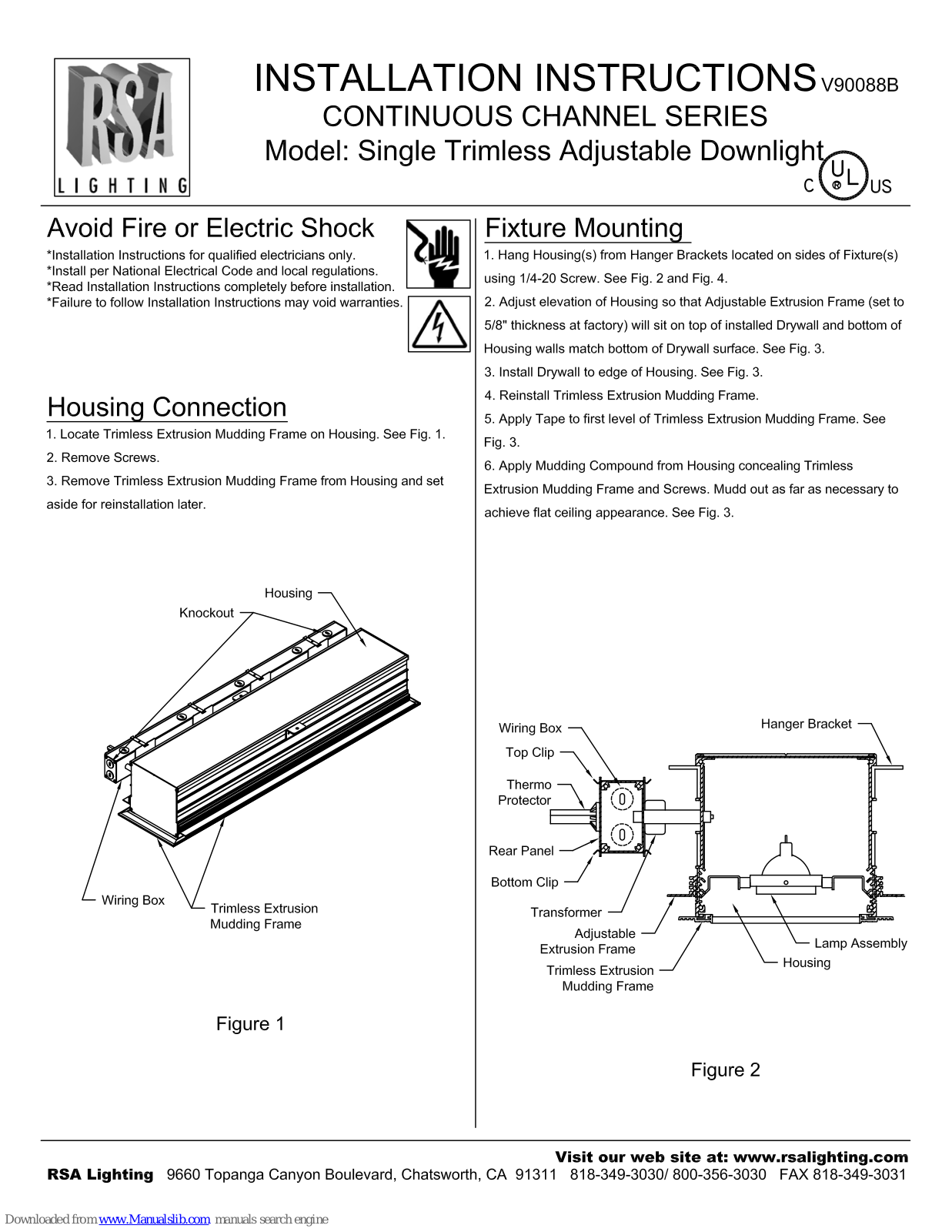RSA Lighting Continuous Channel Series V90088B, V90088B Installation Instructions Manual