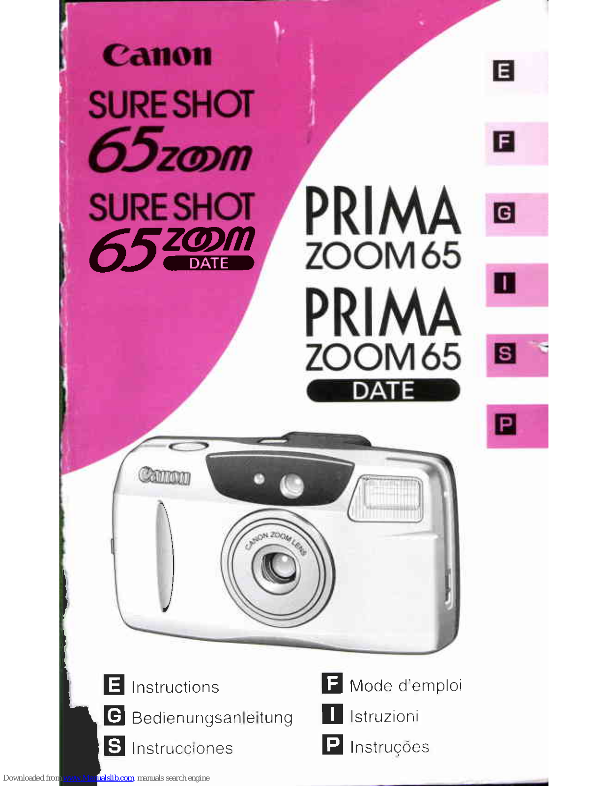 Canon Sure Shot 65 Zoom Date, Prima Zoom 65, Prima Zoom 65 Date Instructions Manual