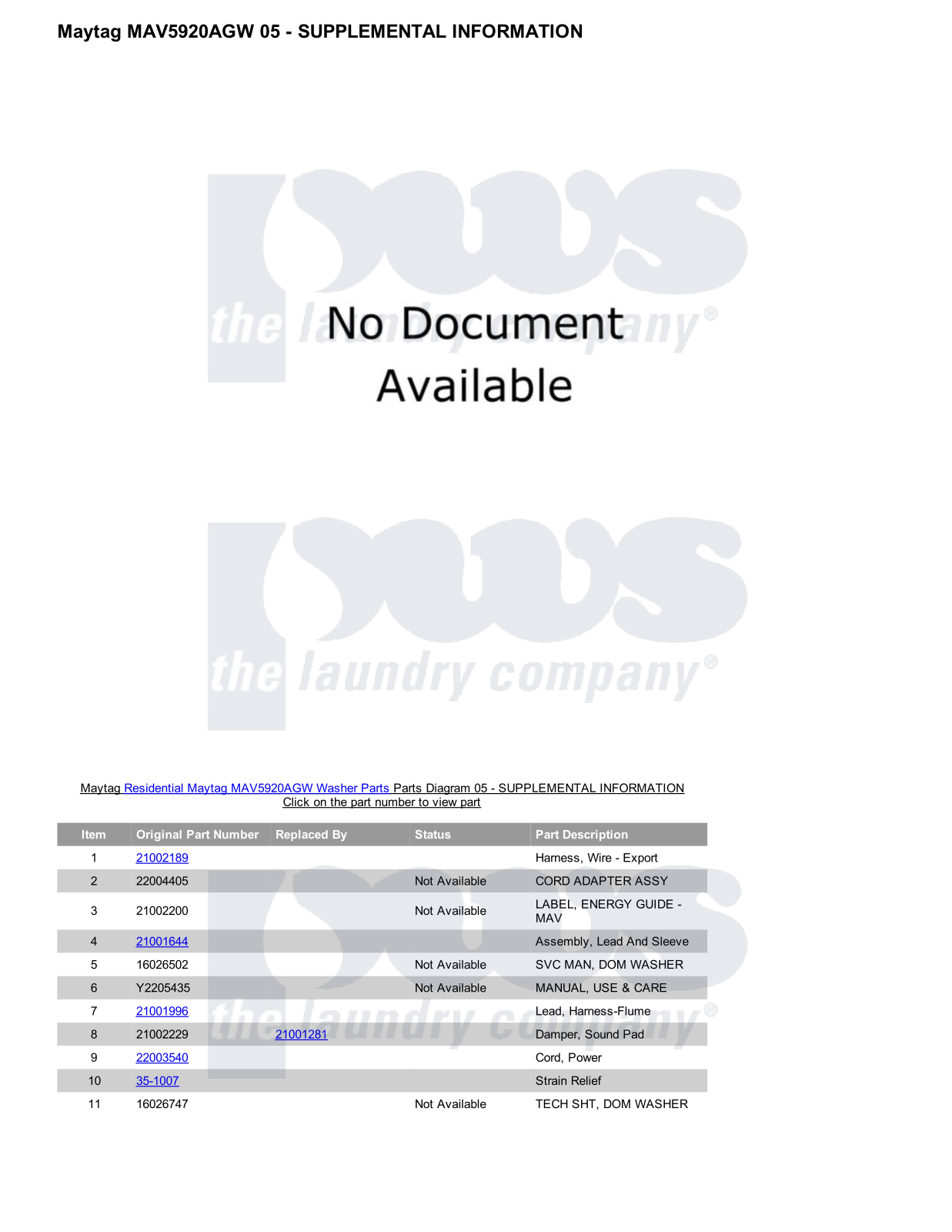 Maytag MAV5920AGW Parts Diagram