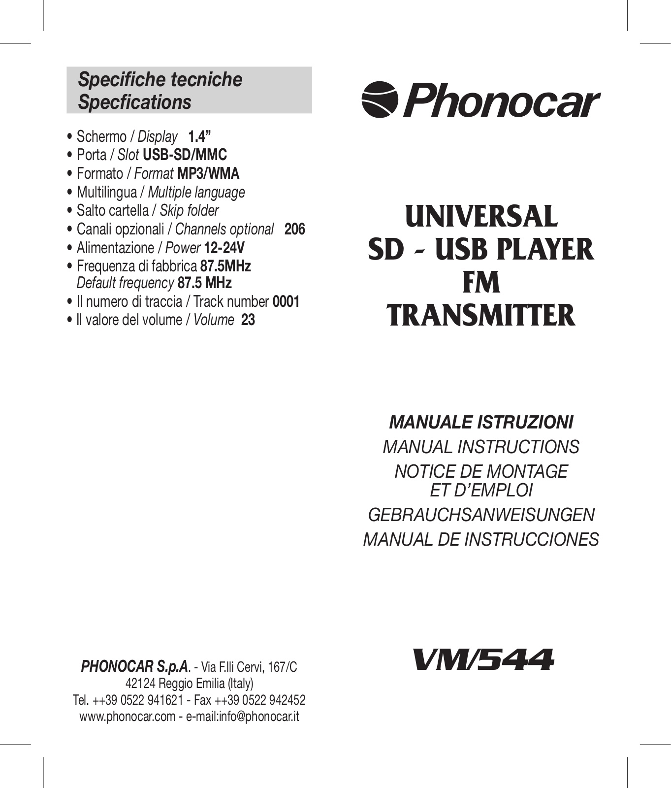 Phonocar VM/544, VM543 Manual Instructions - ManualMachine.com