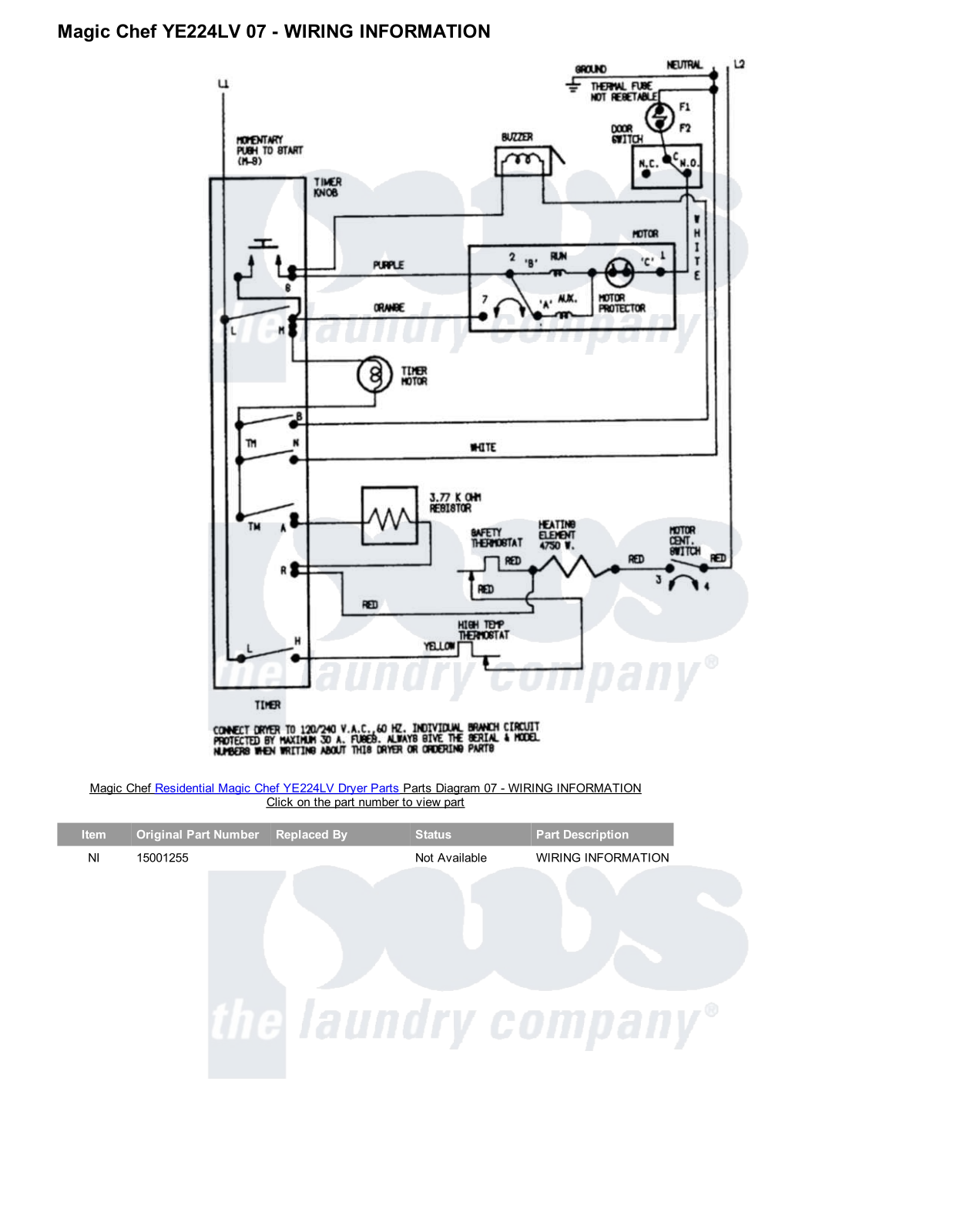 Magic Chef YE224LV Parts Diagram