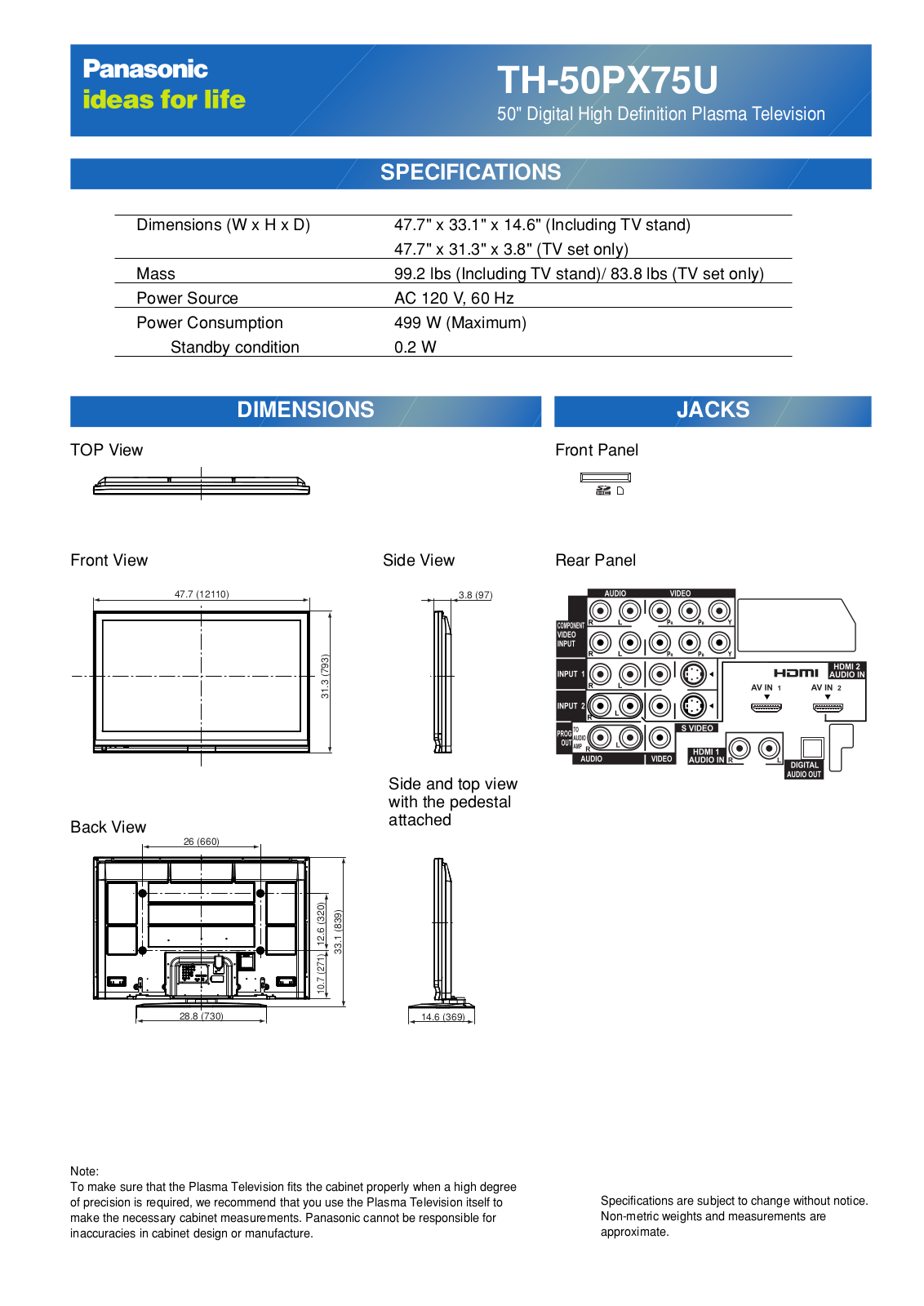 Panasonic th-50px75 cut sheet - ManualMachine.com