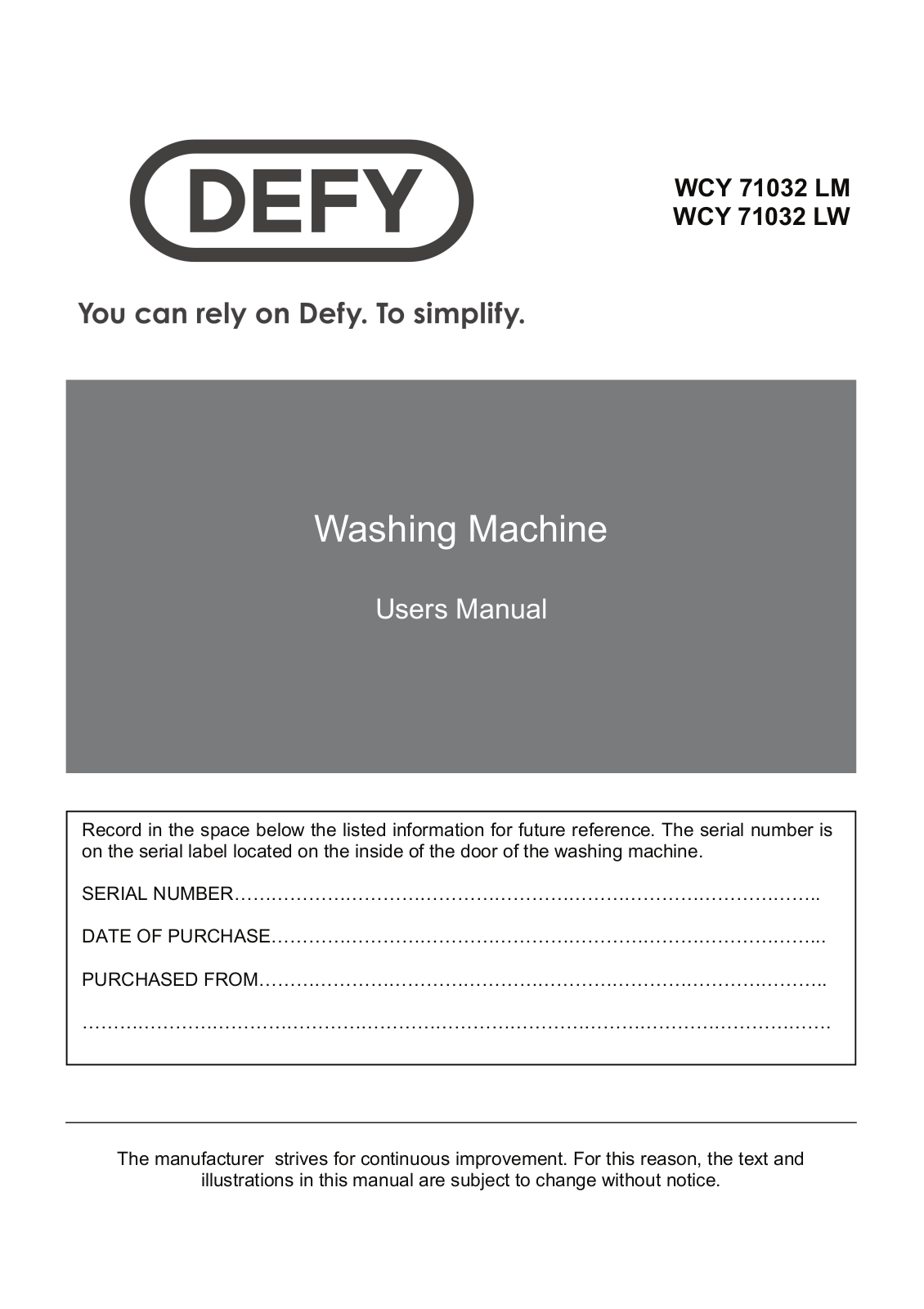 Defy WCY71032LM, WCY71032LW User Manual