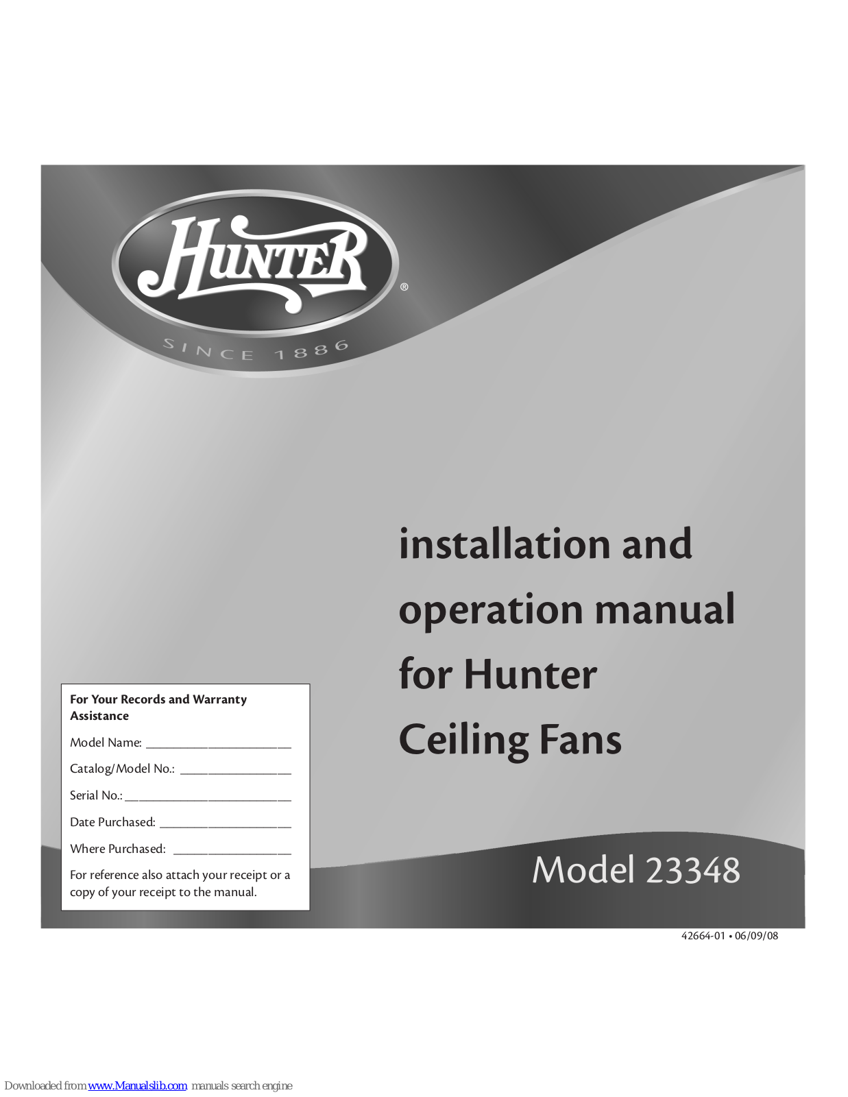 Hunter 23348 Installation And Operation Manual