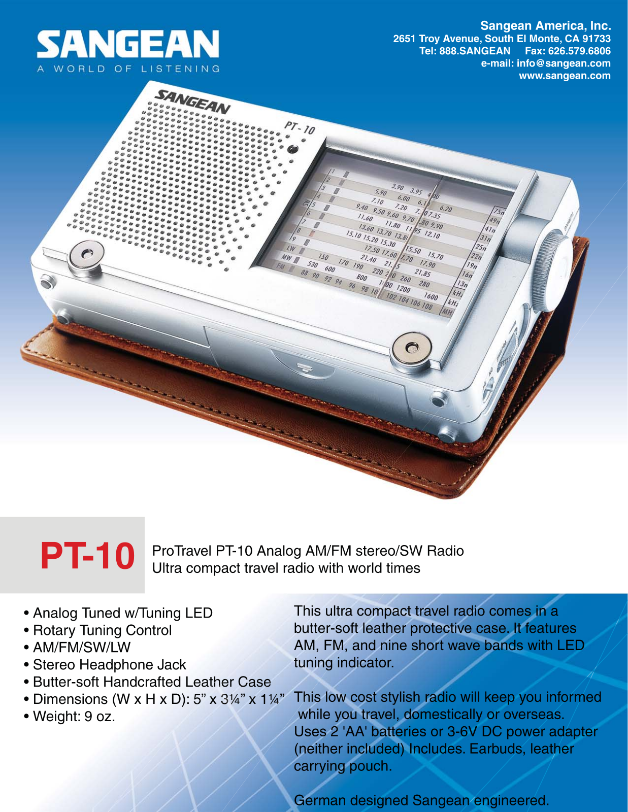 Sangean Electronics PT-10 User Manual