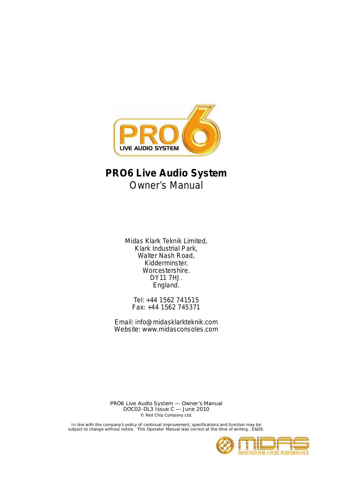 Midas consoles PRO6 Live Audio System owners manual