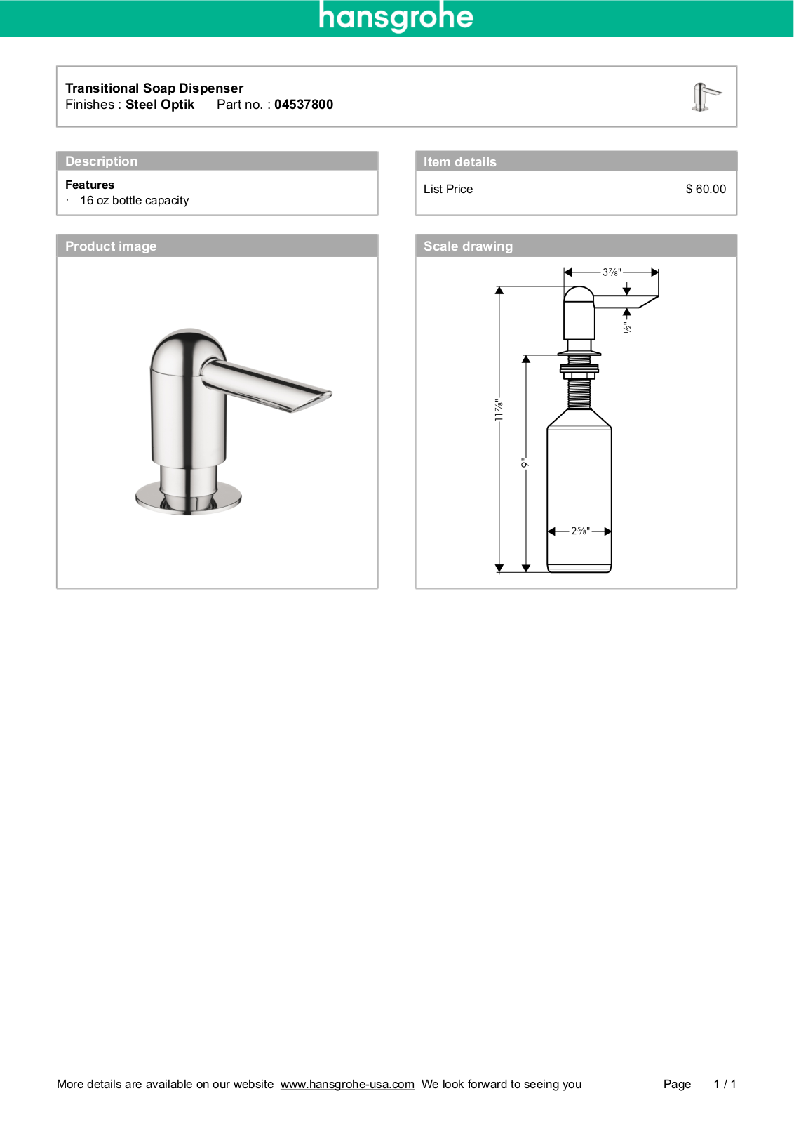 Hansgrohe 04537000 Specs