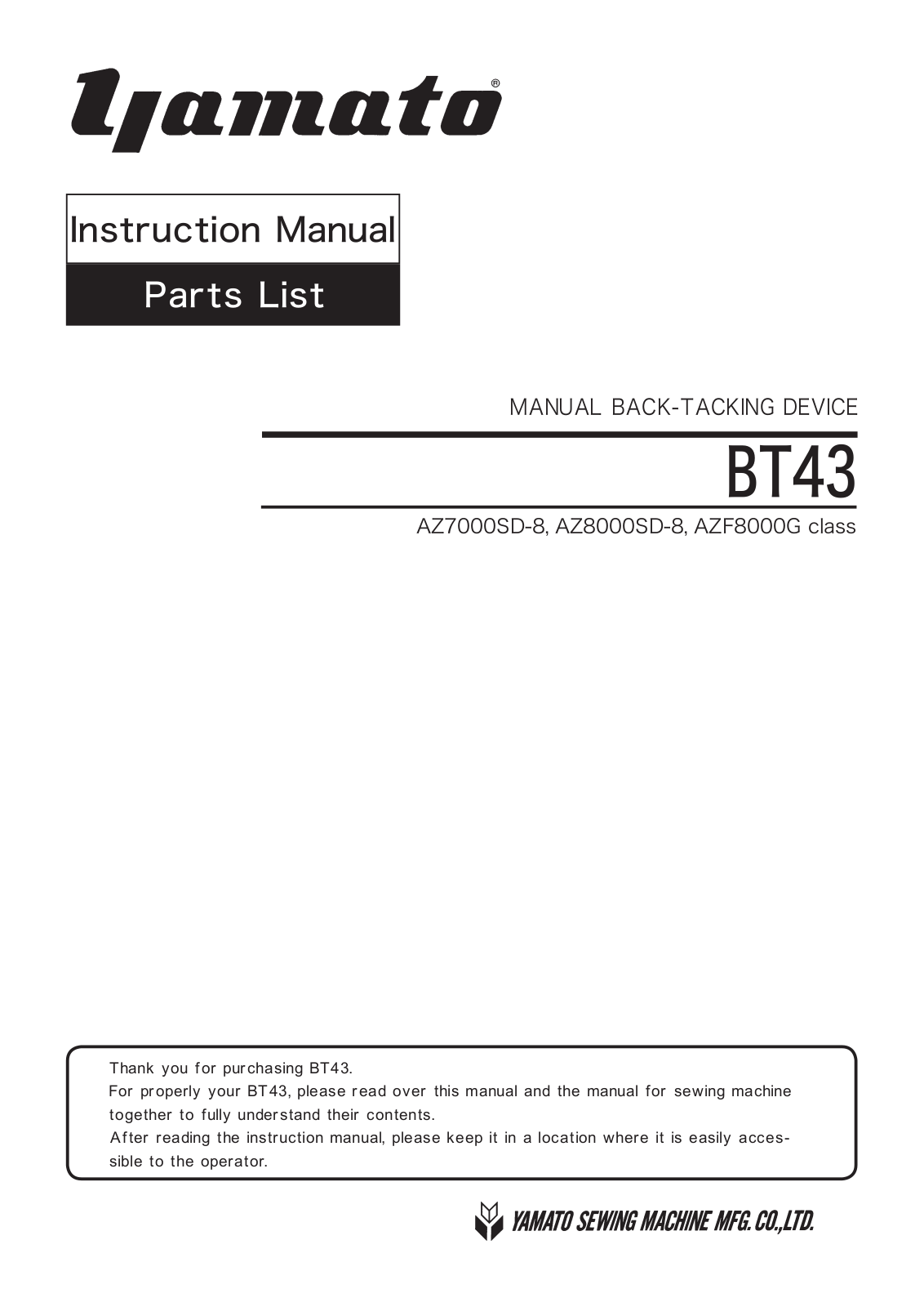 Yamato BT43 User Manual