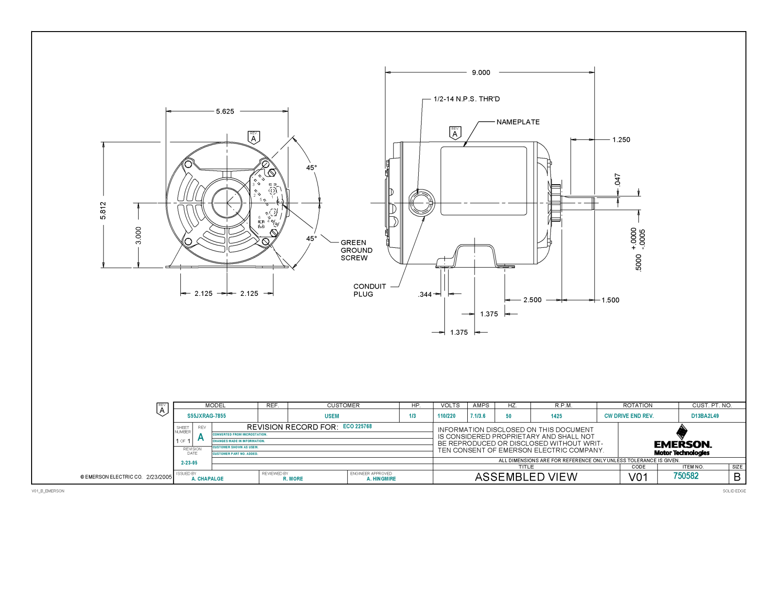 US Motors D13BA2L49 Dimensional Sheet