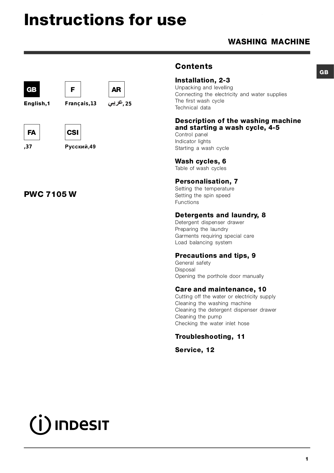 Indesit PWC7105W User Manual