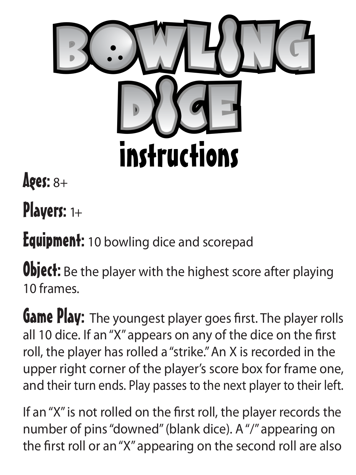 Fundex Games Bowling Dice, 2729 User Manual