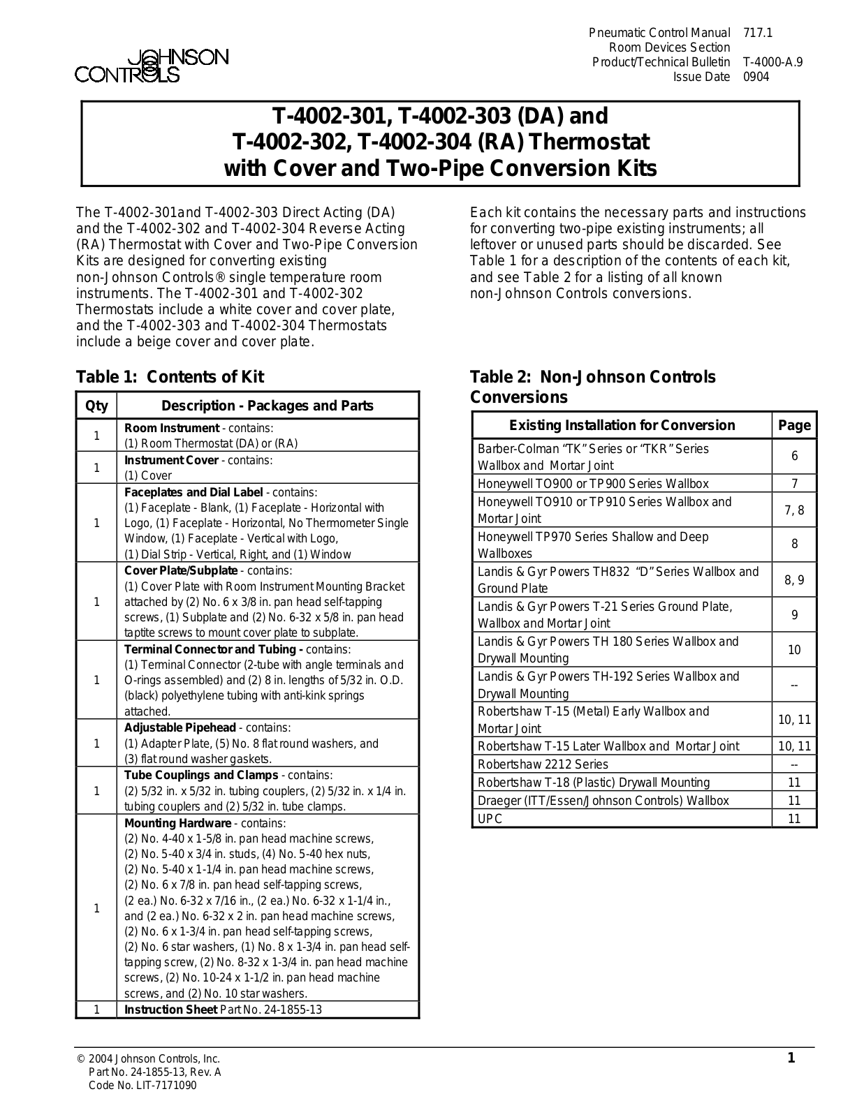 Johnson Controls T-4002-301, T-4756-201, T-4002-303 User Guide - ManualMachine.com