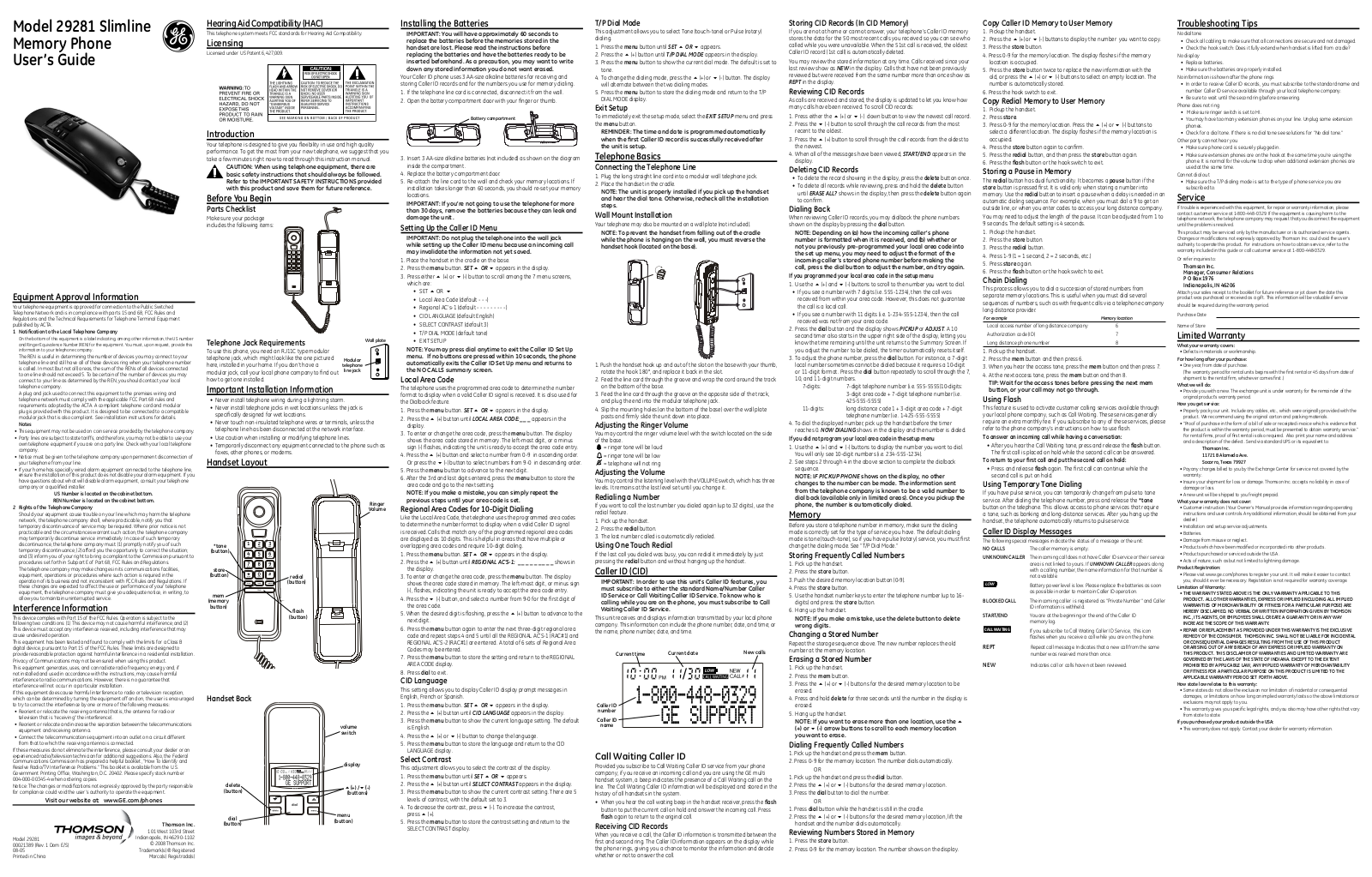 Ge 29281 Slimline User Manual