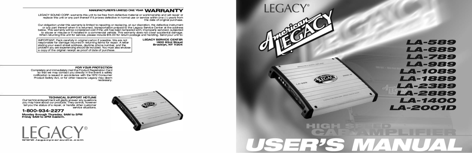 Legacy Car Audio LA-2389, LA-989, LA-2889, LA-1089, LA-1400 User Manual