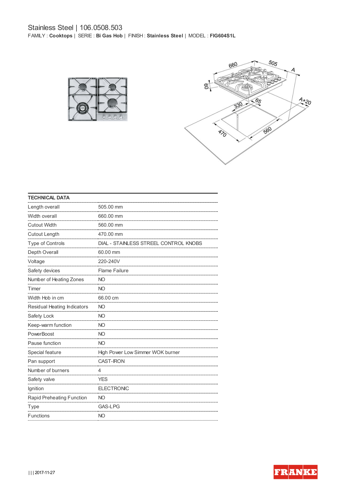 Franke FIG604S1L Datasheet