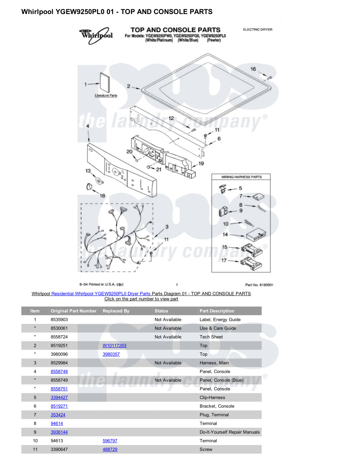 Whirlpool YGEW9250PL0 Parts Diagram