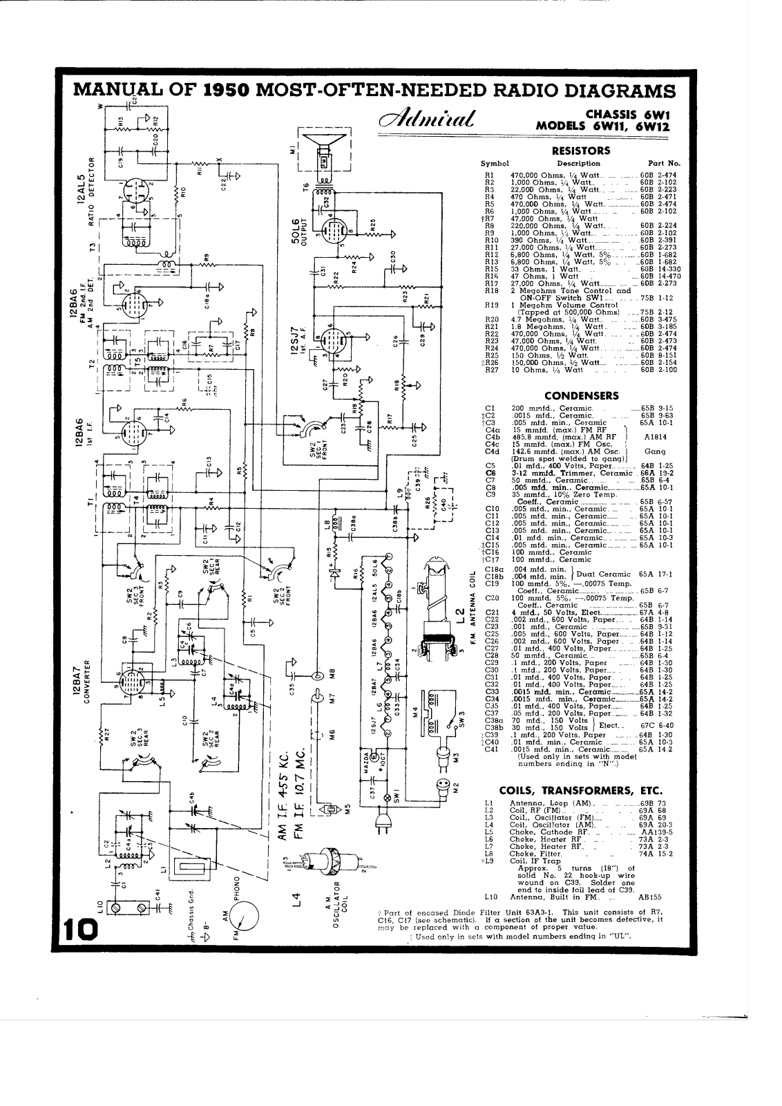 Admiral 6W1, 6W11, 6W12 Schematic