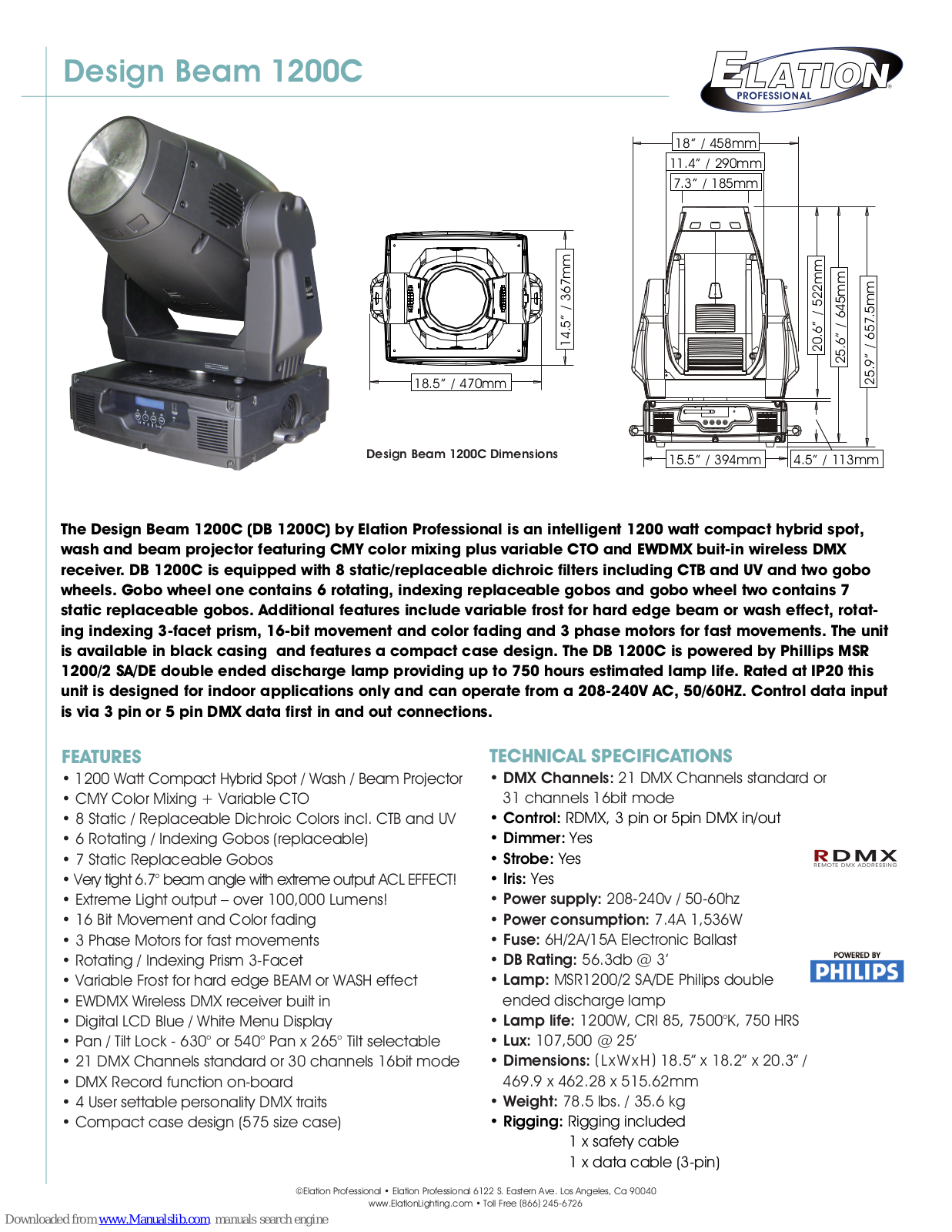 Elation Design Spot 1200c Technical Specifications