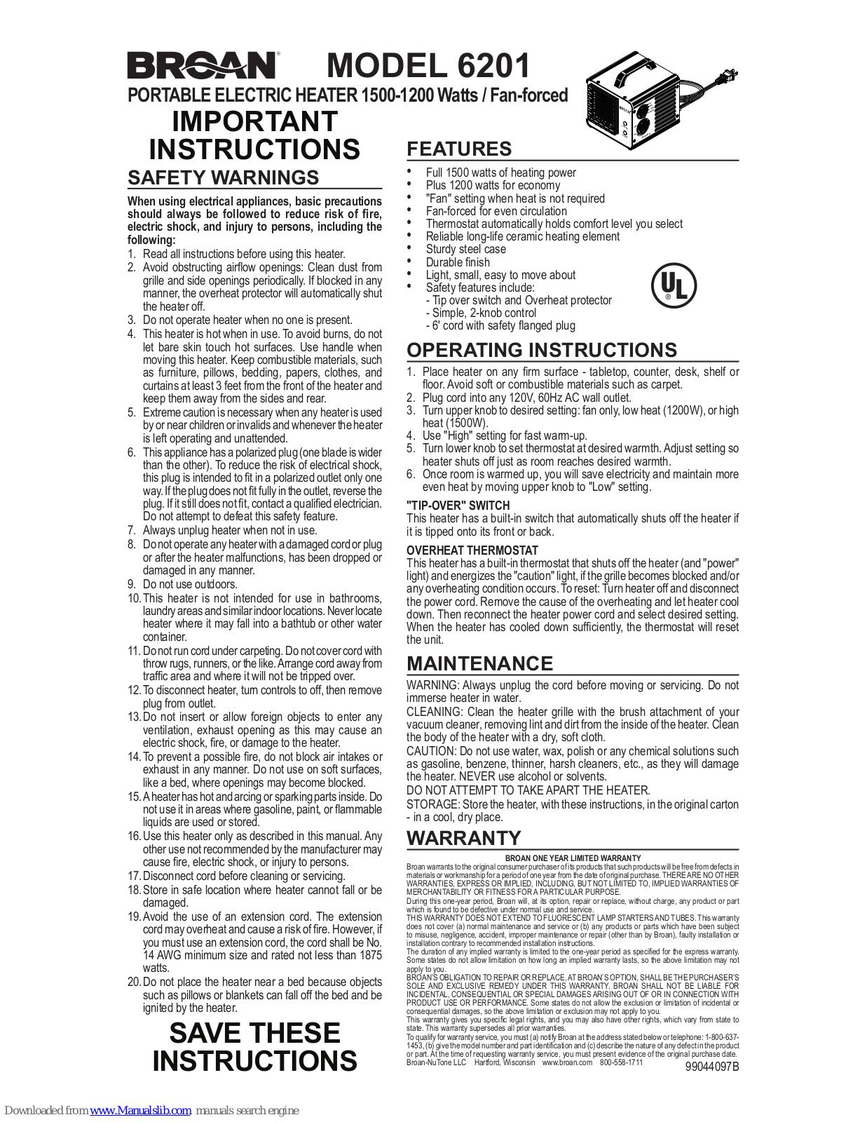 Broan Portable Electric Heater 6201, 3637, 3540, 3542, 4917 Important Instructions Manual