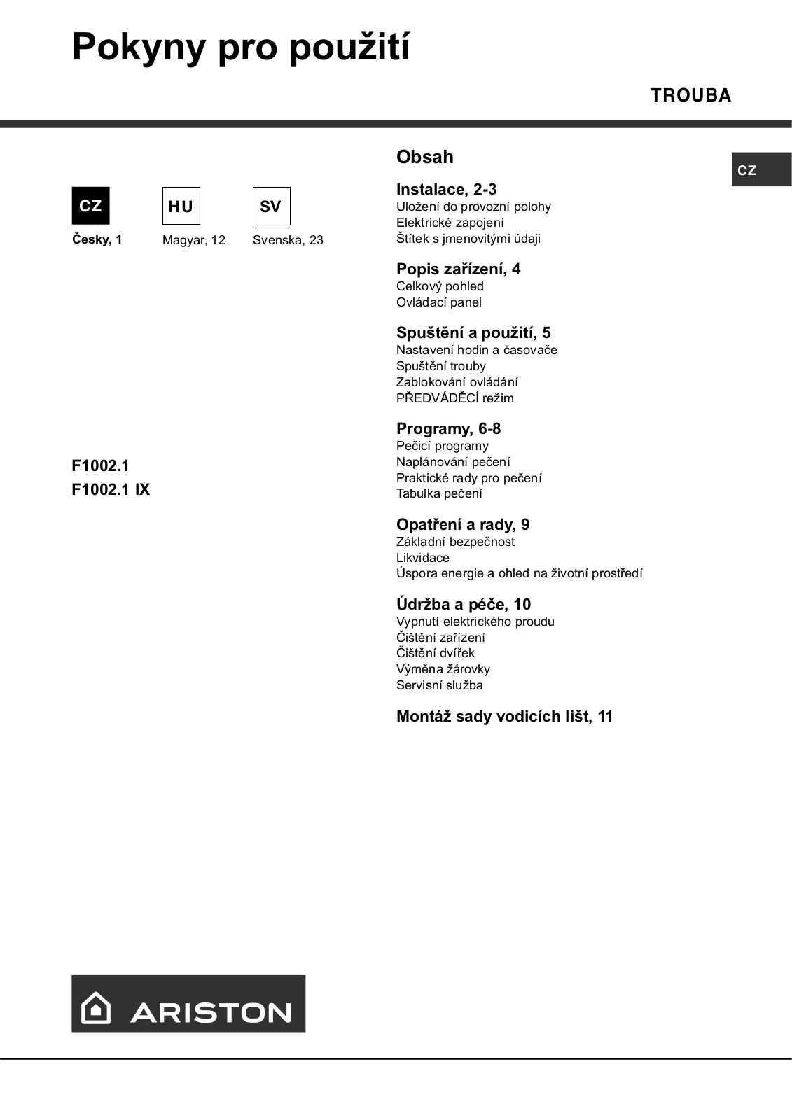 Hotpoint Ariston F 1002.1 IX User Manual