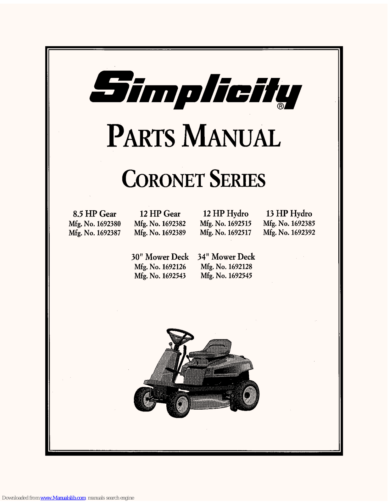 Simplicity 1692387, 1692389, 1692382, 1692392, 1692385 Parts Manual