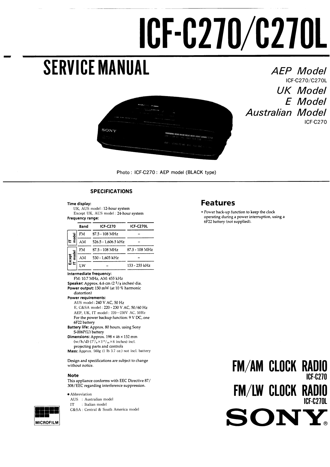 Sony ICFC-270, ICFC-270-L Service manual