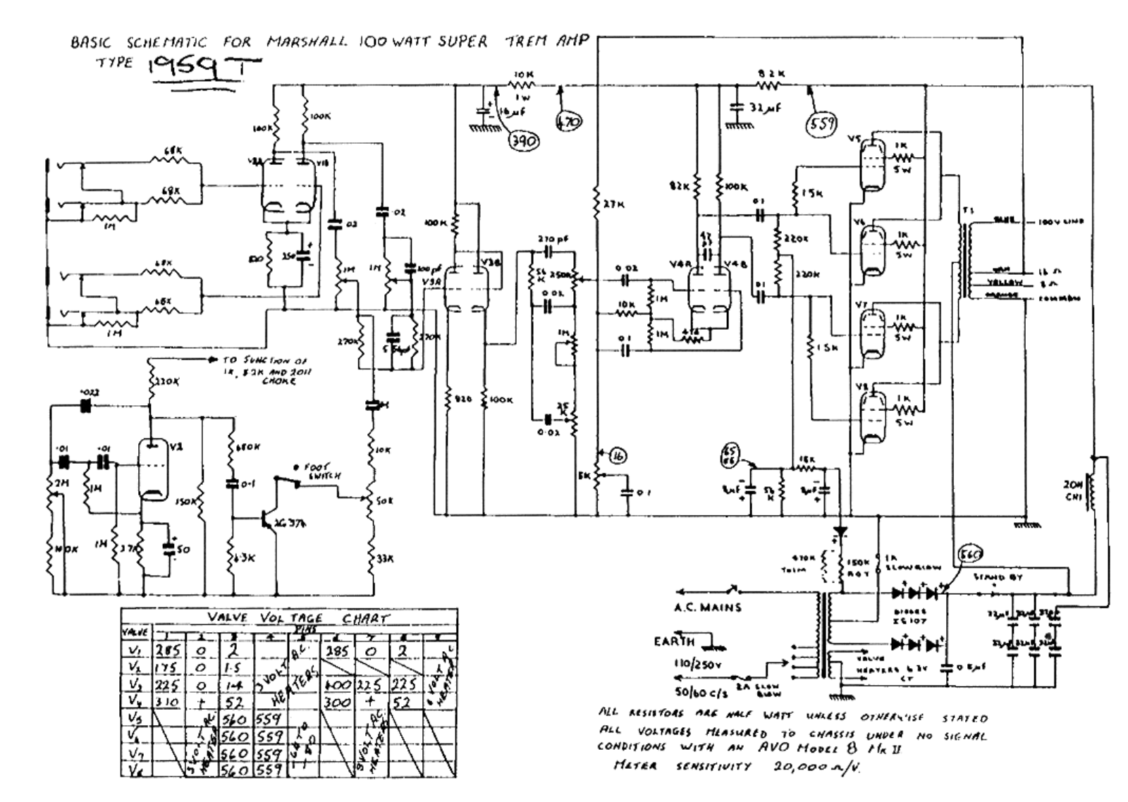 Marshall 1959T-100W Schematic