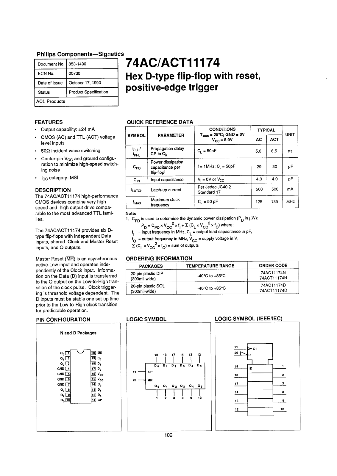 Philips 74ACT11174N, 74ACT11174D, 74AC11174N, 74AC11174D Datasheet