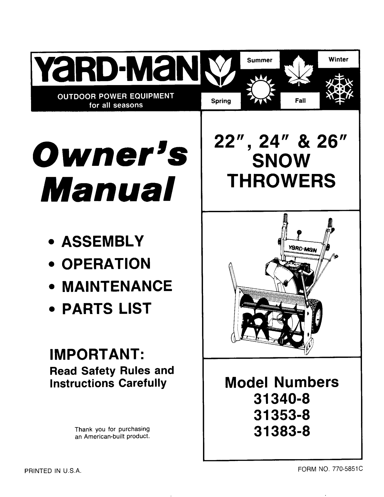 Yard-Man 31340-8, 31380-8, 31383-8 User Manual