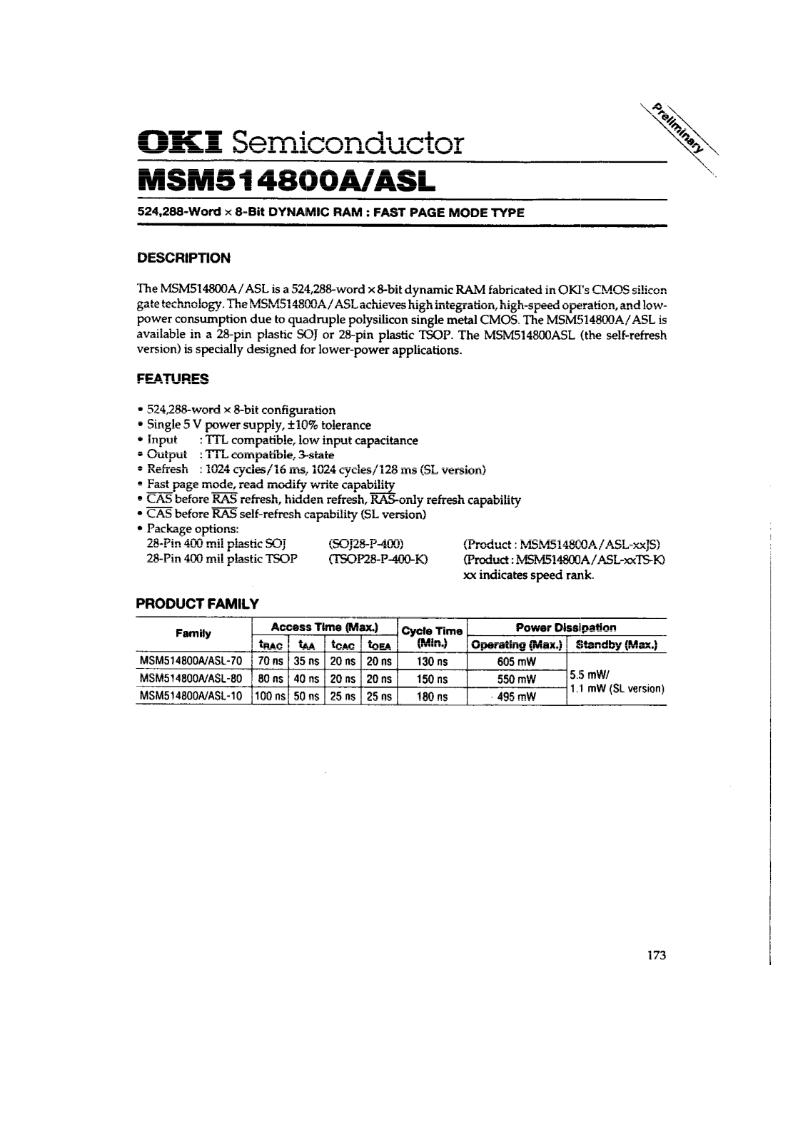 OKI MSM514800ASL-80TS-K, MSM514800ASL-10TS-K, MSM514800ASL-70JS, MSM514800ASL-70TS-K, MSM514800ASL-80JS Datasheet