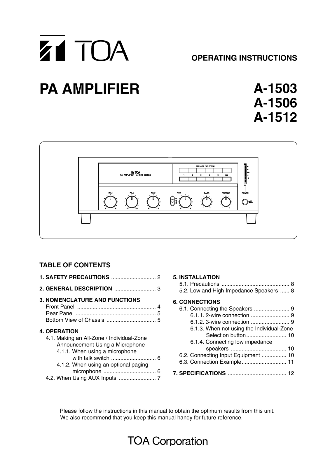 Toa A-1503, A-1506, A-1512 Operating Instructions Manual