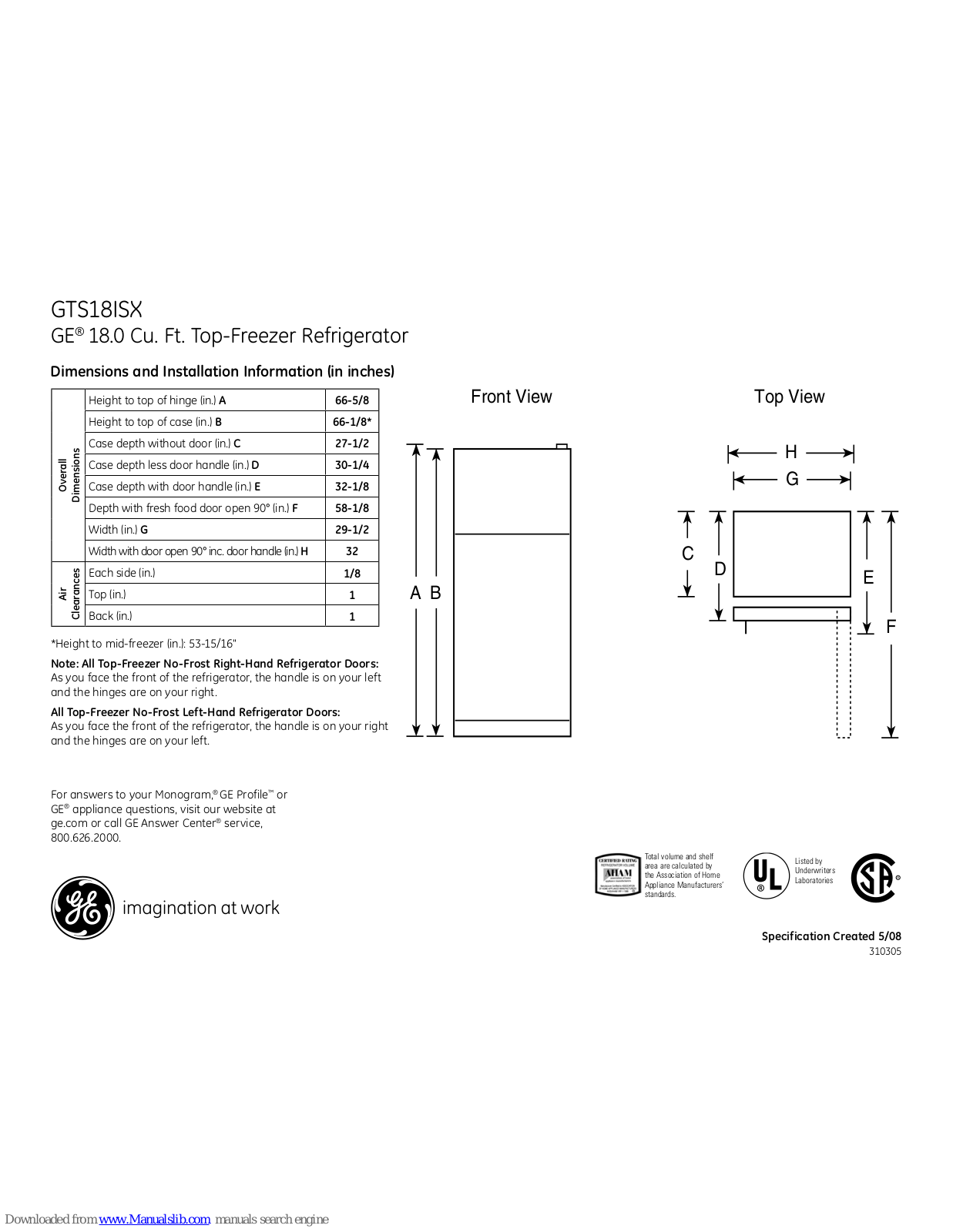 GE GTS18ISXSS, GTS18ISXSS - 18' Refrigerator, GTS18ISX Dimensions And Installation Information