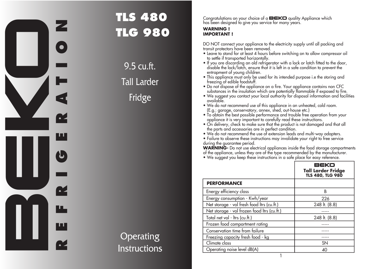 Beko TLS480, TLG980 User Manual