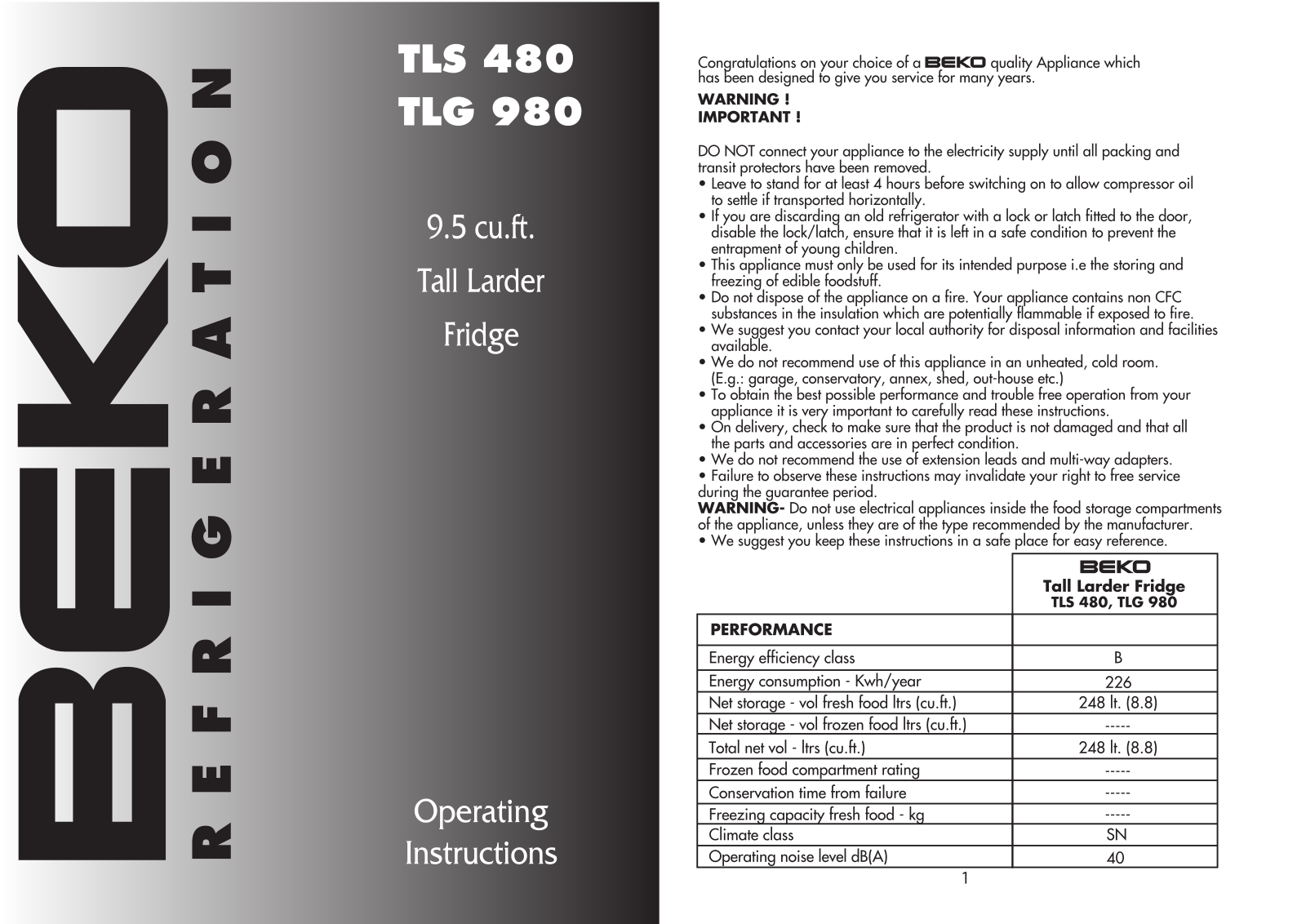 Beko TLS480, TLG980 Manual