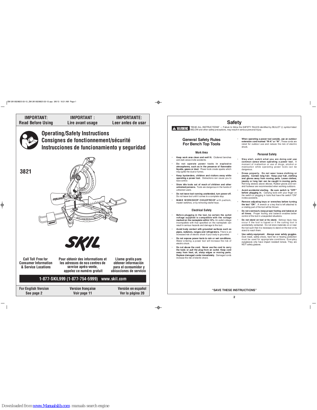 Skil 3821 Operating/safety Instructions Manual