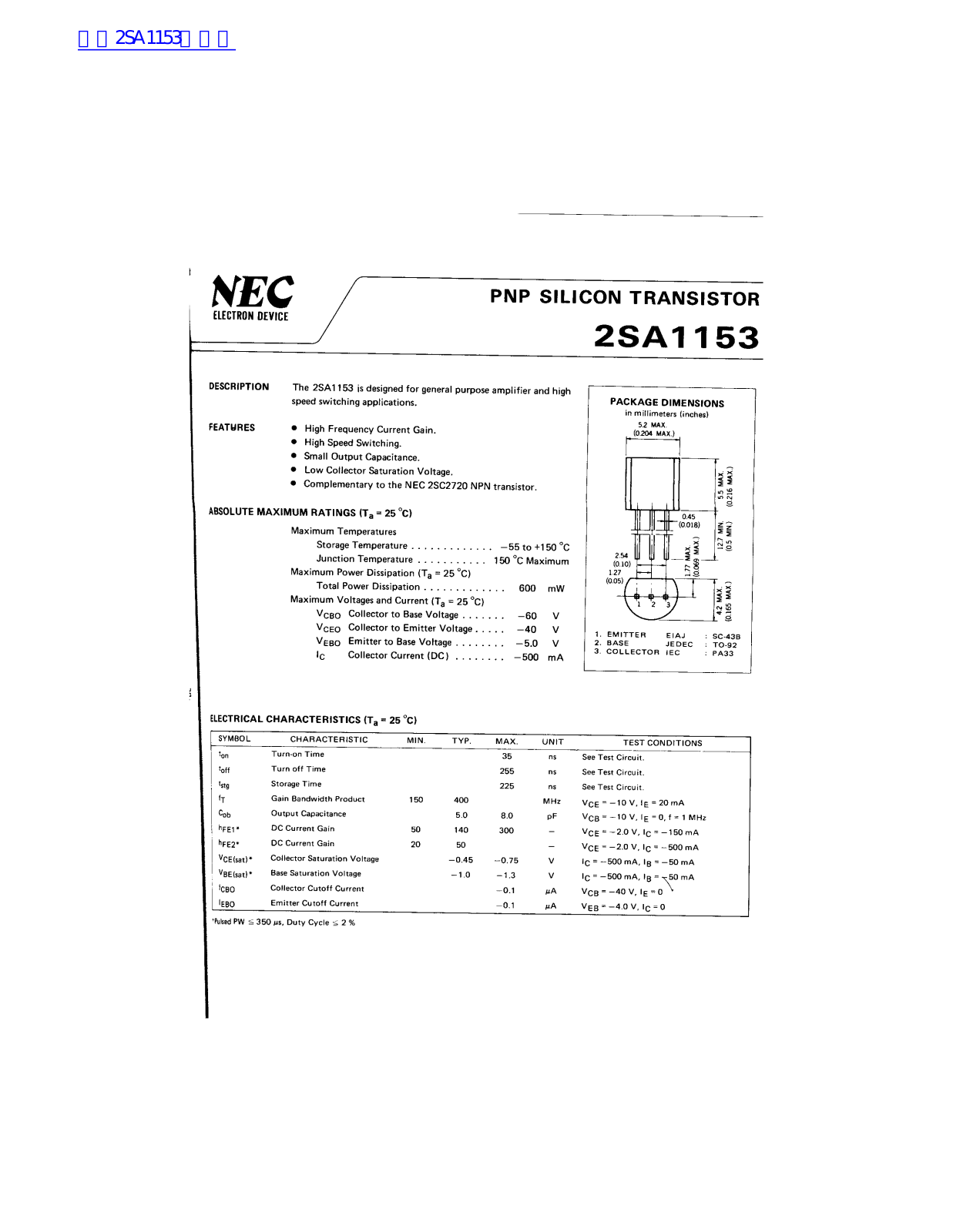 NEC 2SA1153 Technical data