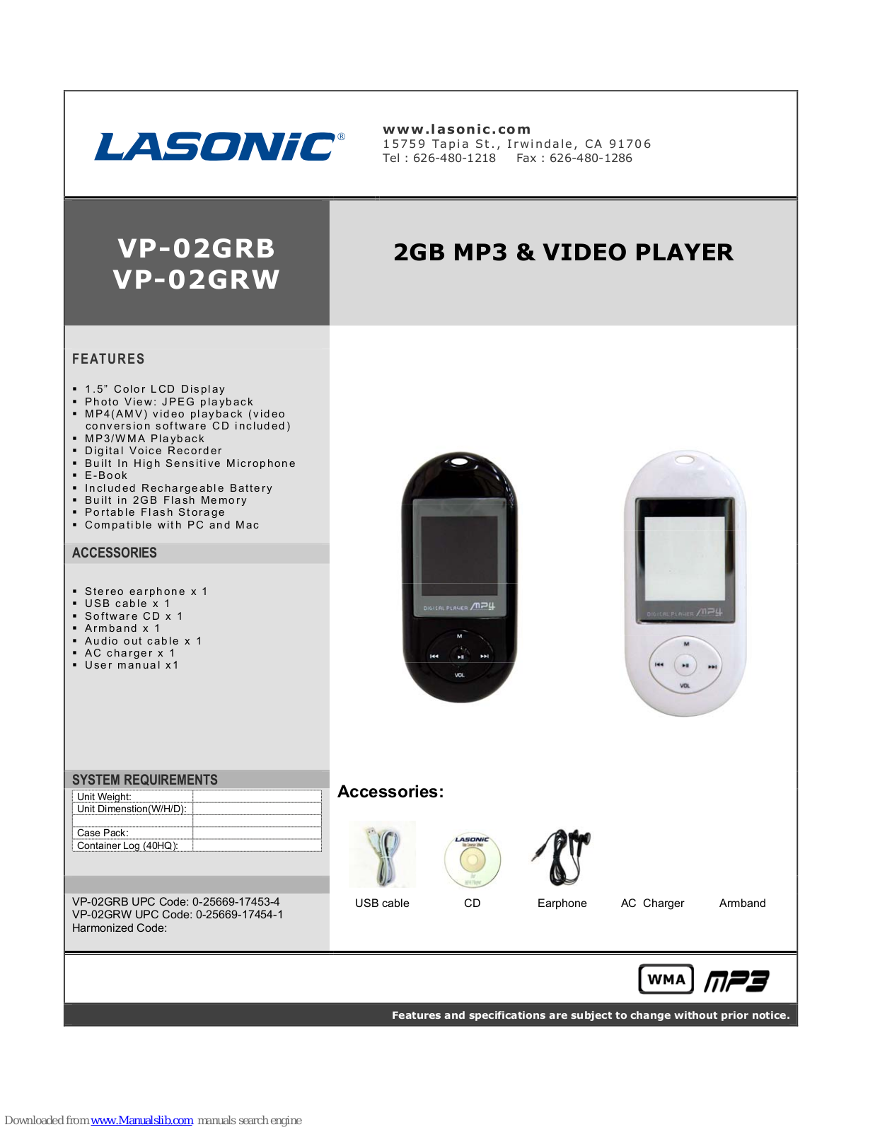 Lasonic VP-02GRB, VP-02GRW Specifications - ManualMachine.com