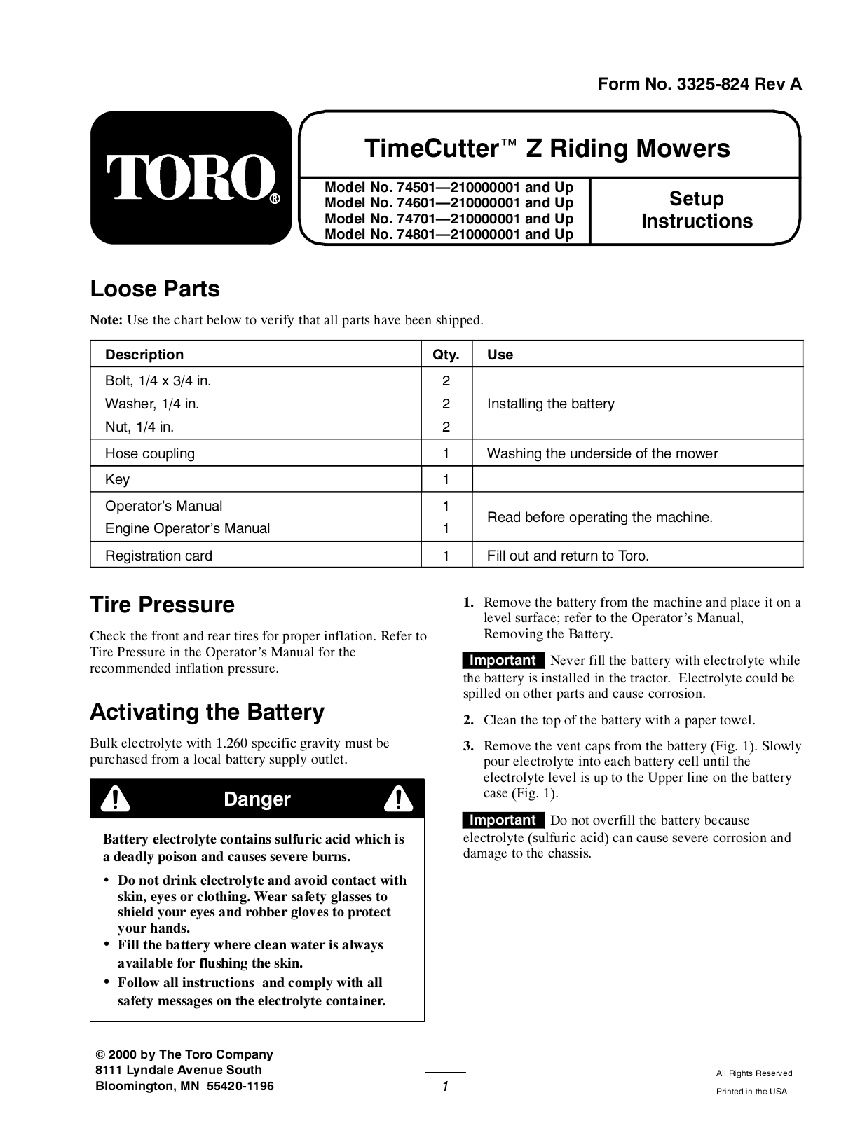 Toro 74501, 74601, 74701 Setup Instructions