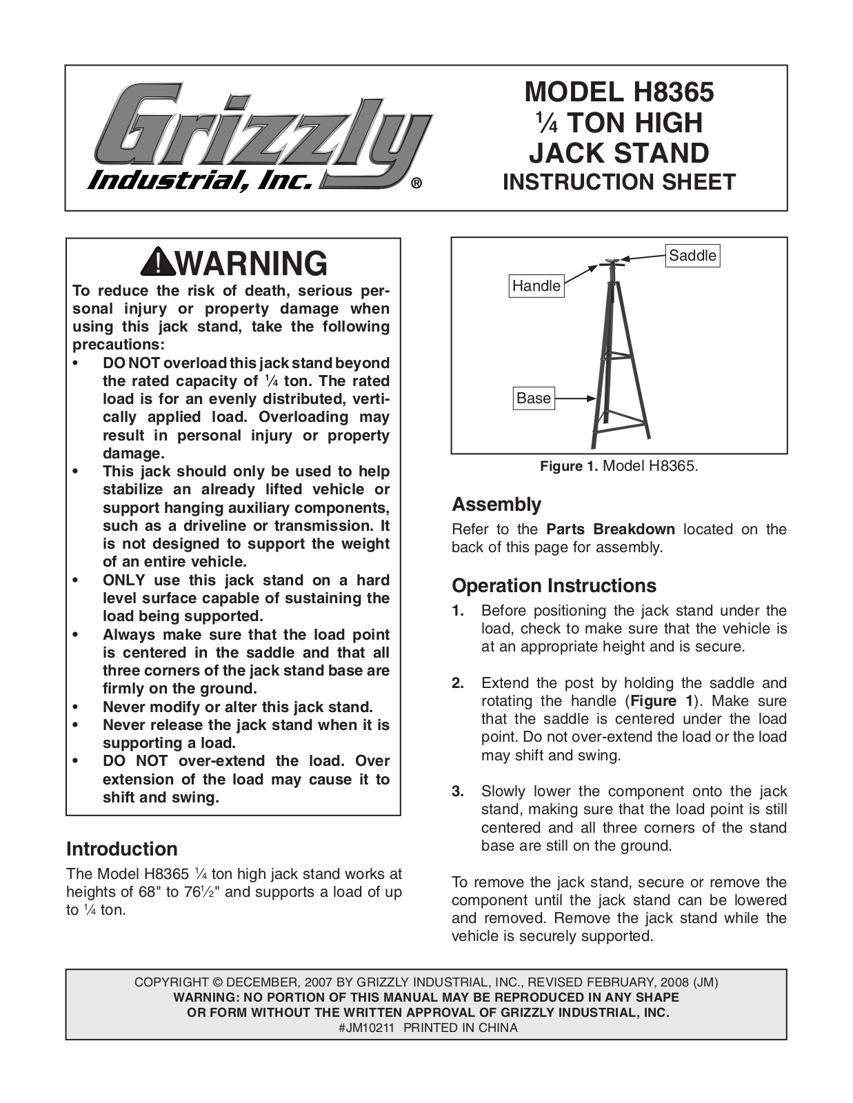 Grizzly H8365 User Manual