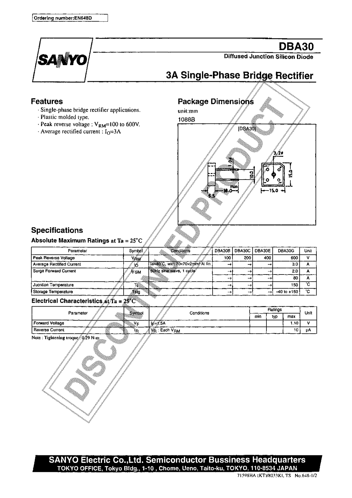 Sanyo DBA30 Specifications