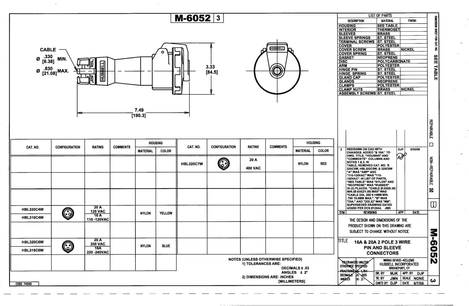 Hubbell HBL320C4W Reference Drawing