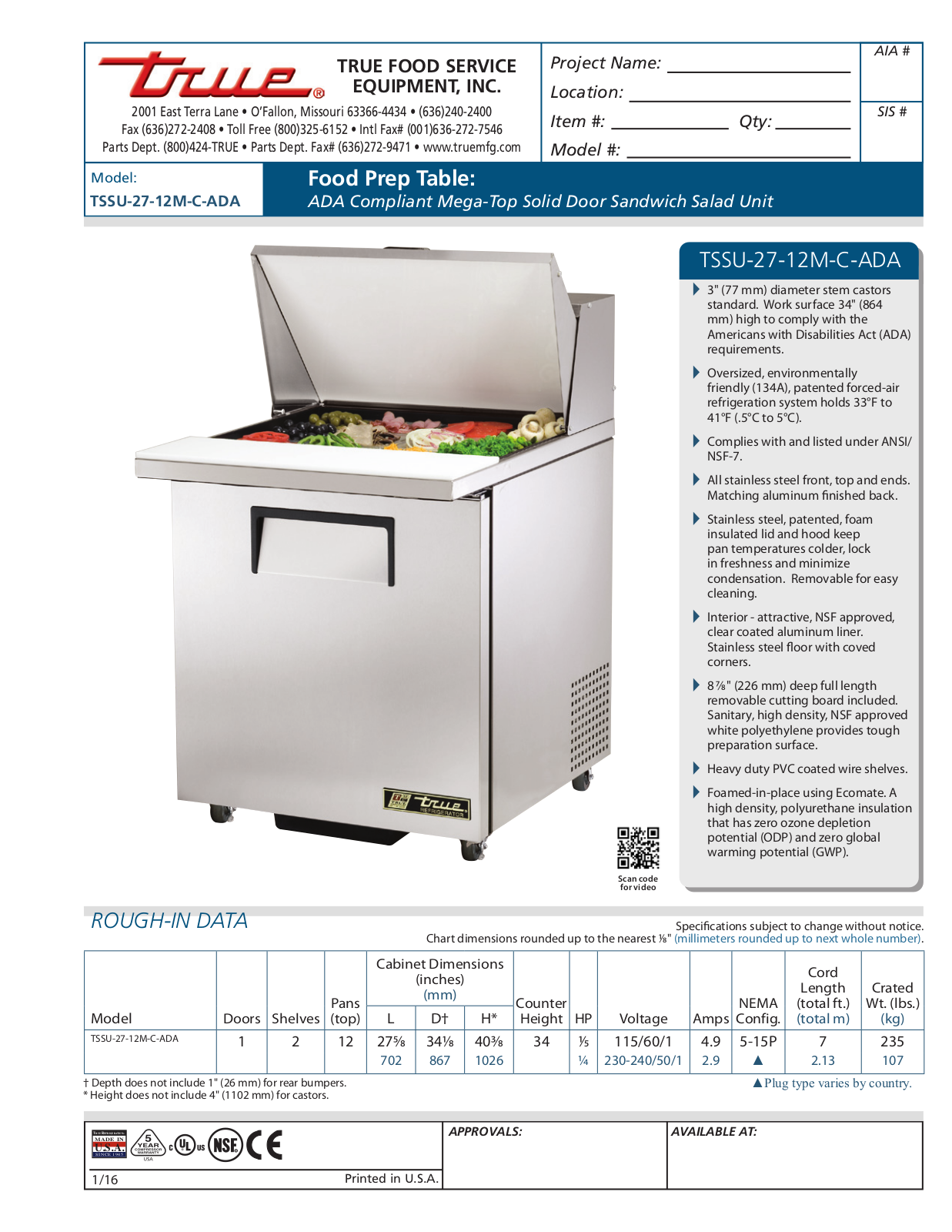 True TSSU-27-12M-C-ADA User Manual