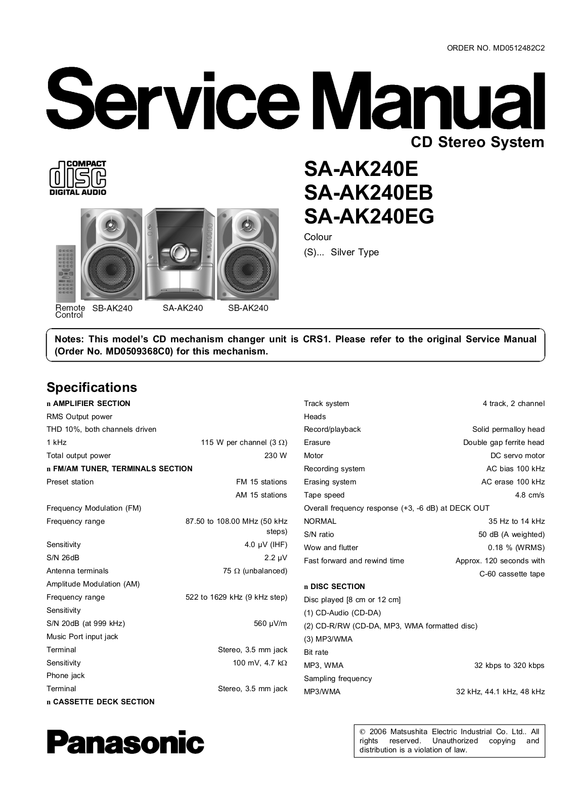 Panasonic SA-AK240E, SA-AK240EB, SA-AK240EG Service Manual