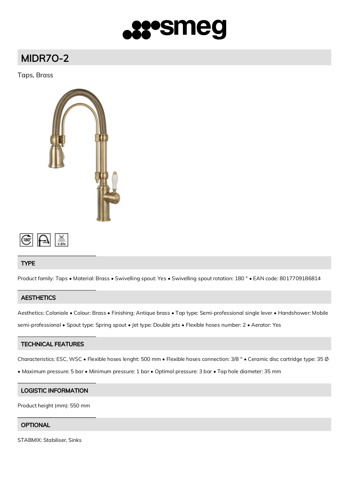 Smeg MIDR7O-2 Technical sheet