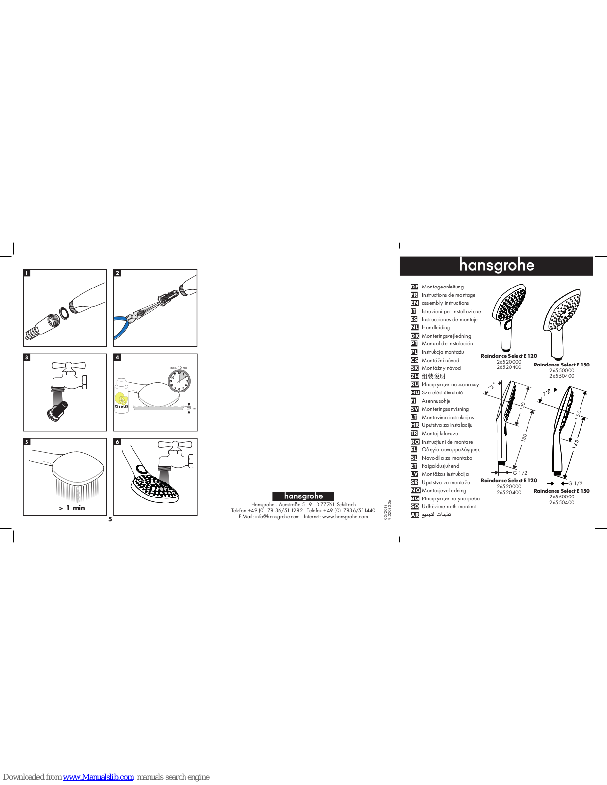 Hansgrohe 26520000, 26520400 Assembly Instructions Manual