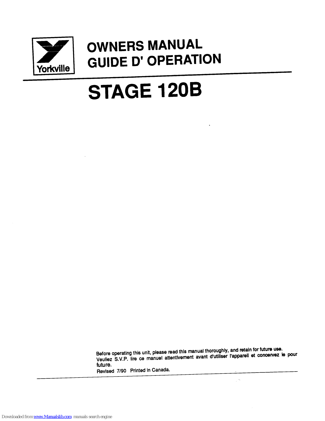 YORKVILLE Stage 120B Owner's Manual